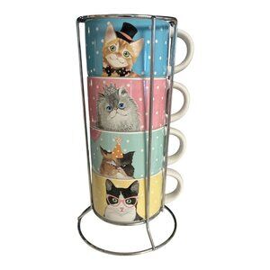 Pier 1 Imports Stackable Cat Mugs Set of 4 with Metal Rack – Polka Dot Pastels –